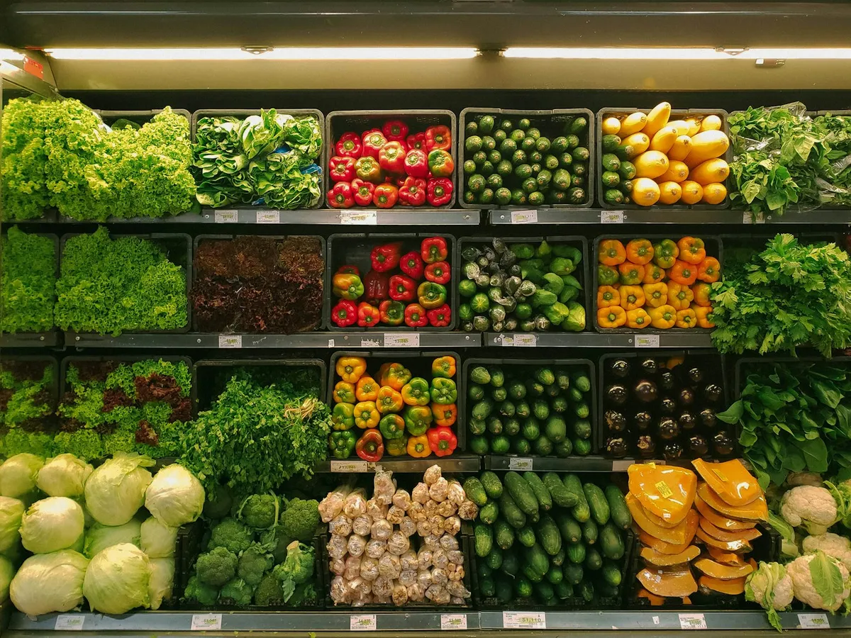 Shopping cart filled with fresh groceries