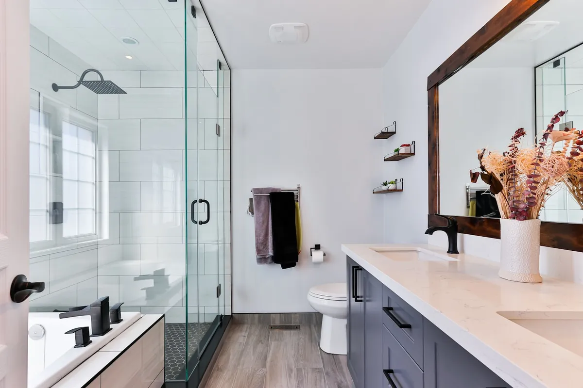 Clean bathroom floor after vacuuming and home maintenance
