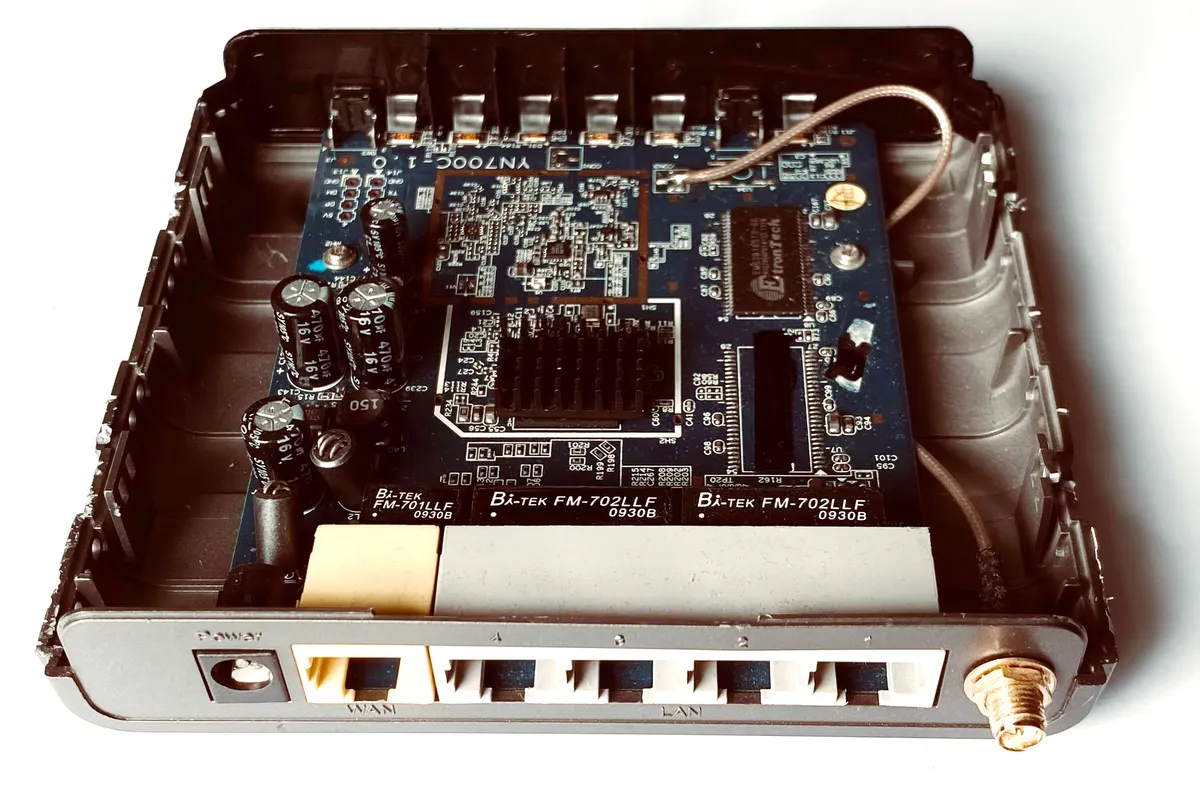 The internal circuit board of a wireless router