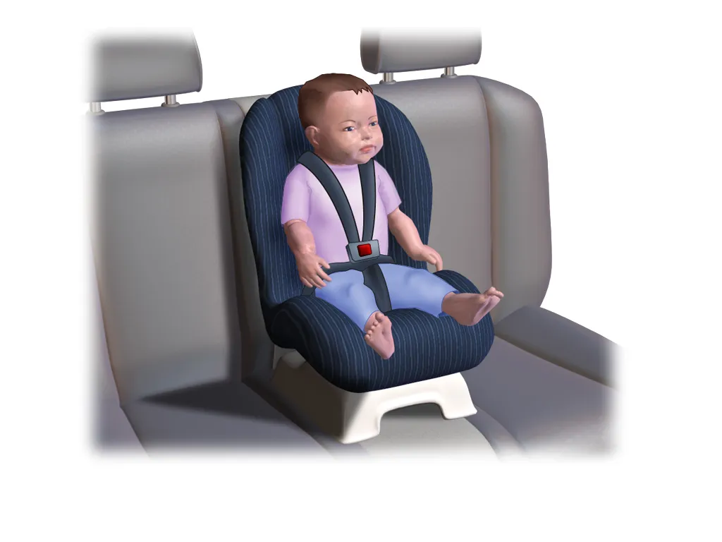 Illustration of a child seated in a booster seat with a vehicle seat belt