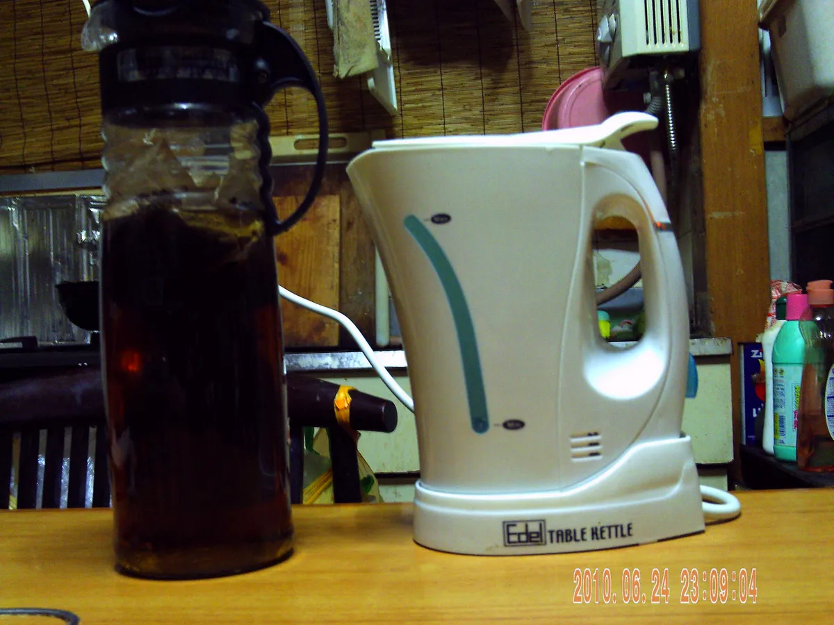 An electric kettle with a hinged lid and handle