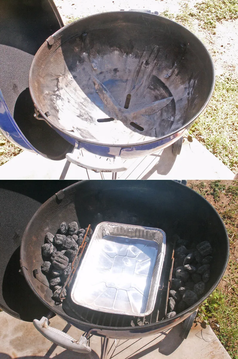 A charcoal grill showing bottom air vents and a two-zone coal arrangement