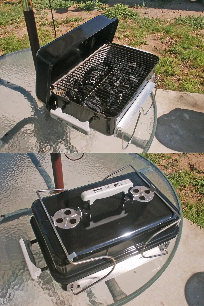 A small portable charcoal grill