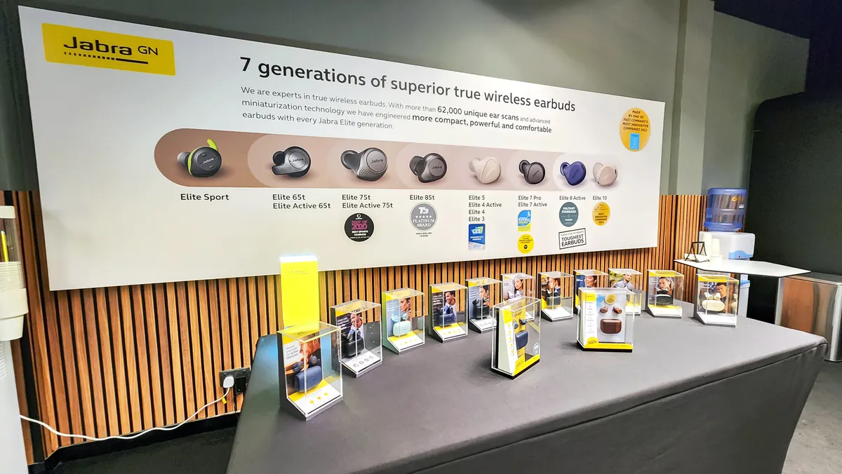 A lineup of several different true wireless earbud models side by side for comparison