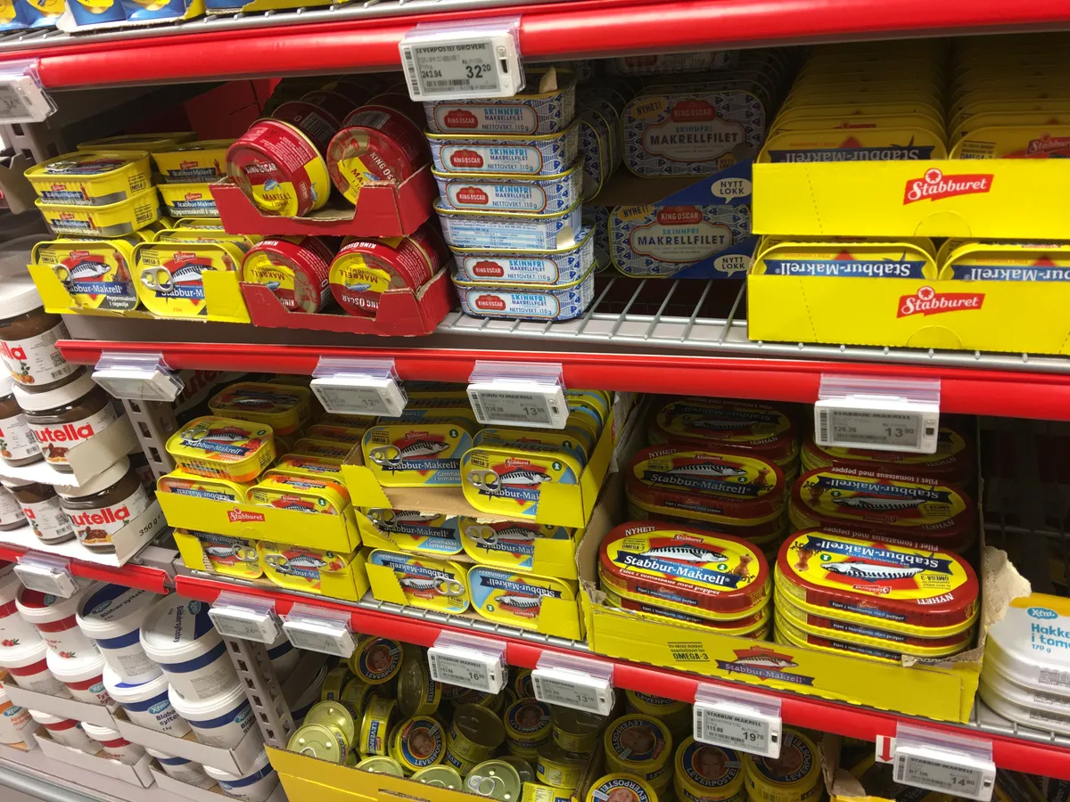 Packaged food products on supermarket shelves