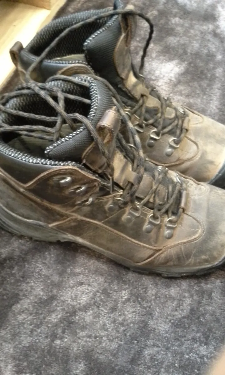 A well-worn pair of hiking boots with visible wear on the uppers