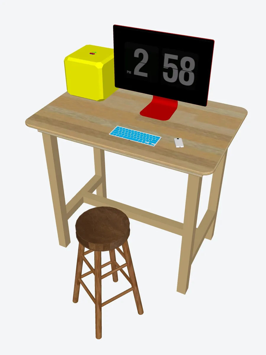 A standing desk setup paired with a tall stool for alternating between sitting and standing