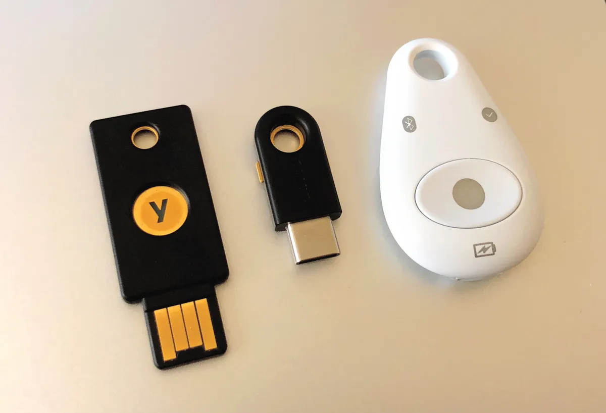 Two hardware authentication security keys side by side