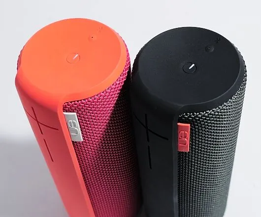Two cylindrical portable speakers standing upright