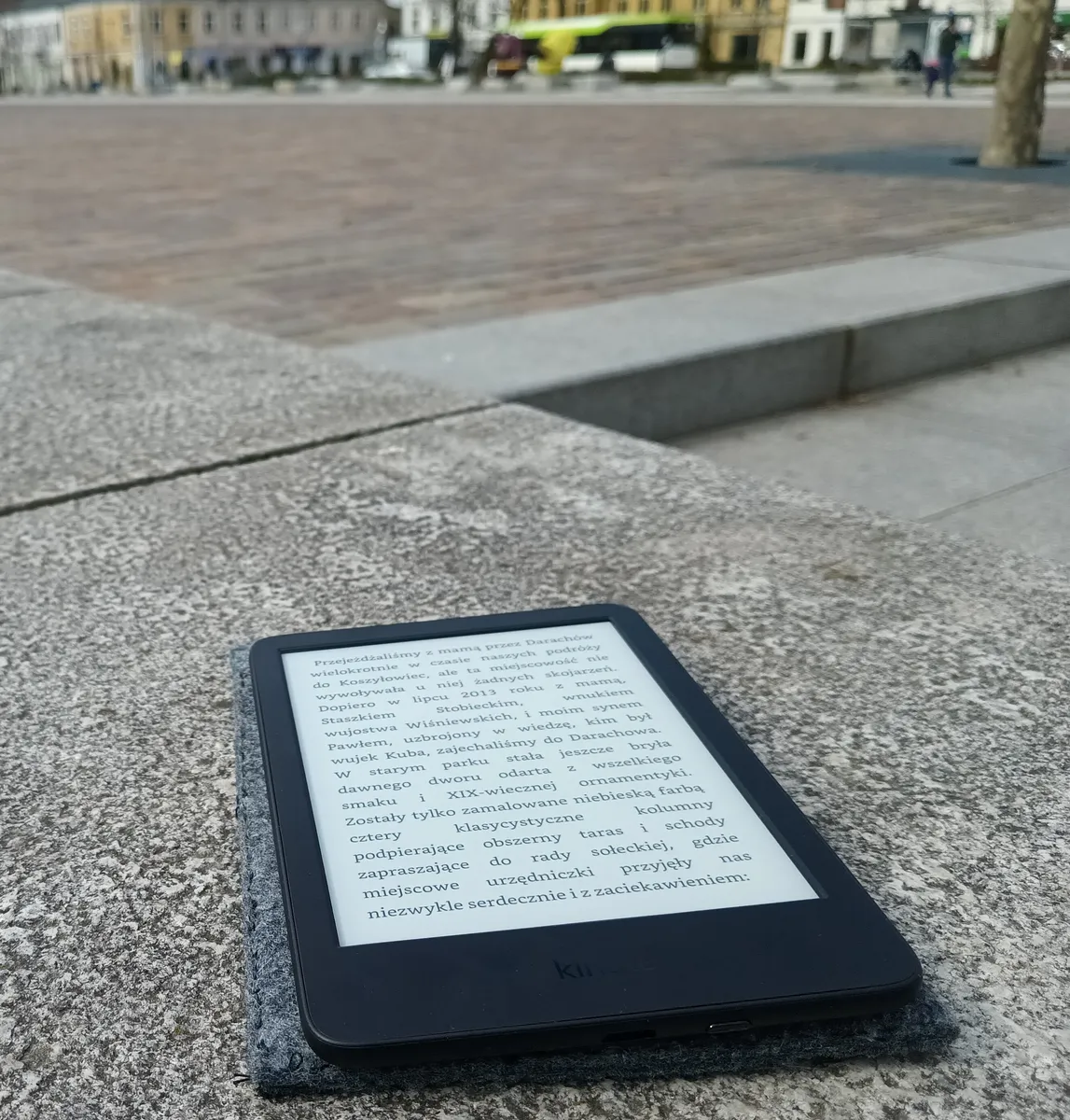 A six-inch e-reader showing crisp text