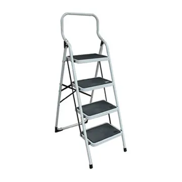 A stepladder standing folded and ready for storage