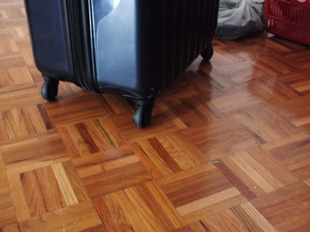Close-up detail of a suitcase's spinner wheel and frame