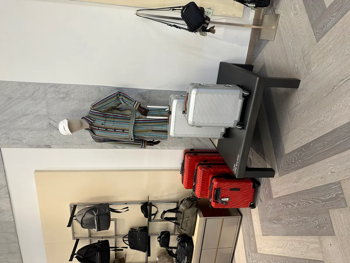 Rolling suitcases displayed for sale in a retail store