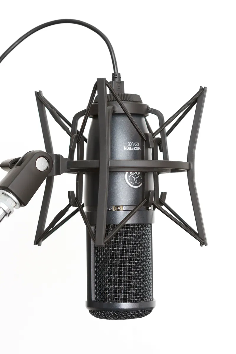 A USB condenser microphone mounted in a shock mount