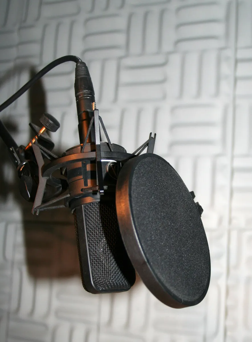 A studio microphone with a pop shield on a stand
