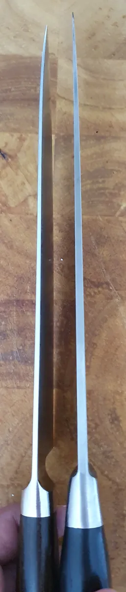 Japanese and German chef's knives compared from the spine