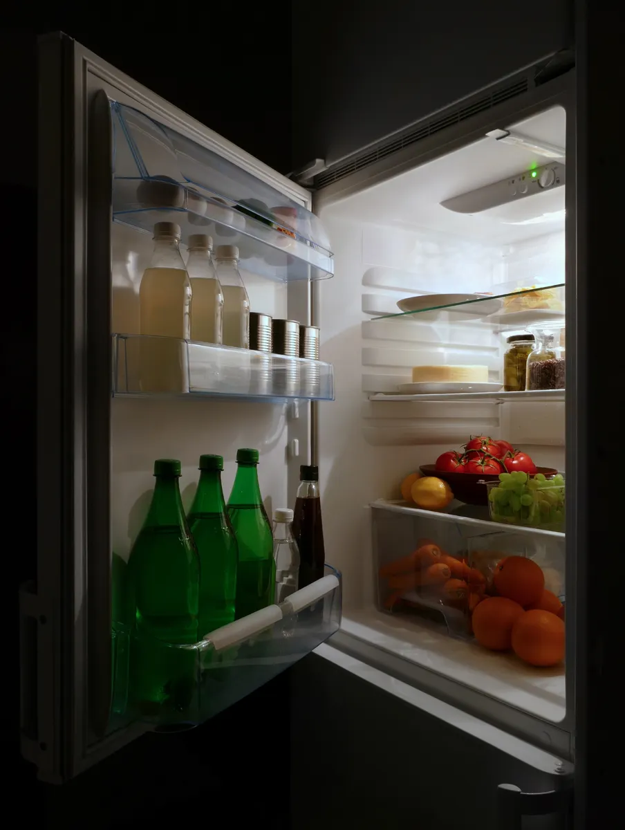 An open refrigerator stocked with food, lit from inside