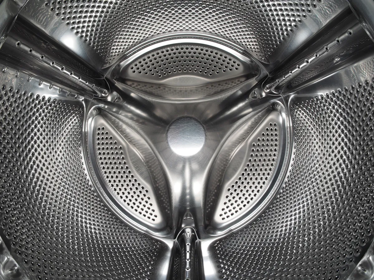 The interior drum of a front-loading washing machine
