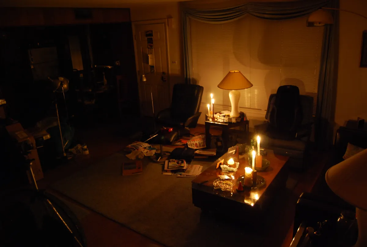 A darkened home interior during an extended power outage