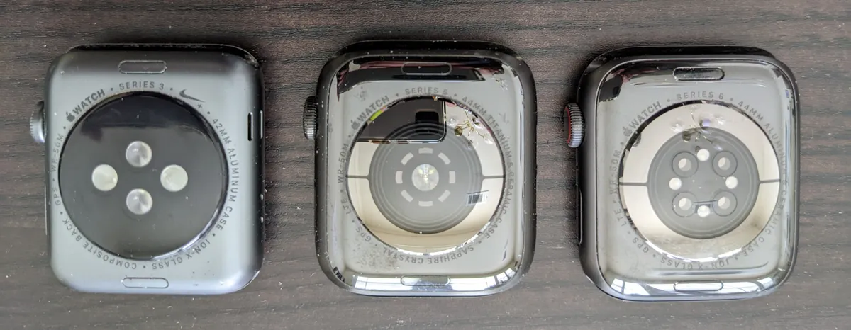 Underside of an Apple Watch showing the heart rate and health sensor array