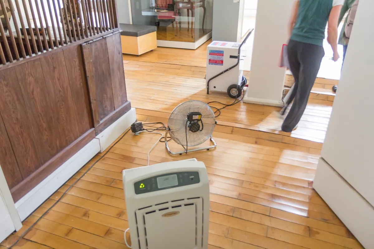 Drying equipment set up in a building after water damage