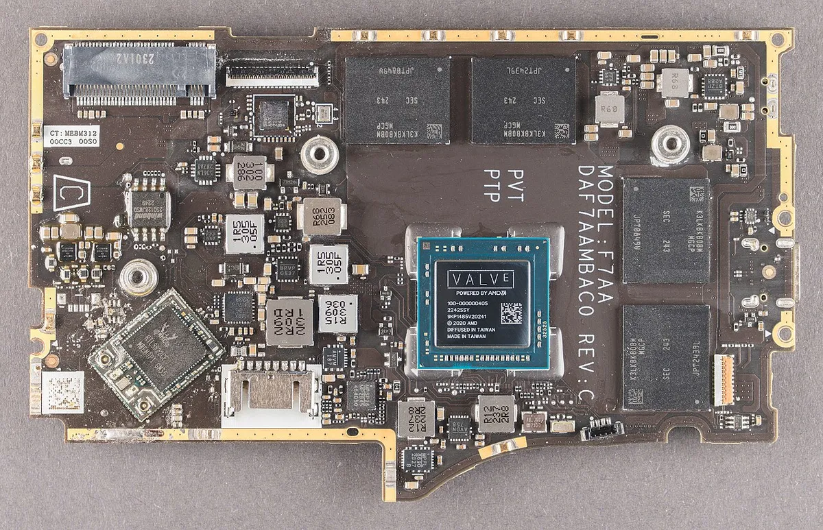 Close-up macro shot of the Steam Deck''s internal hardware components