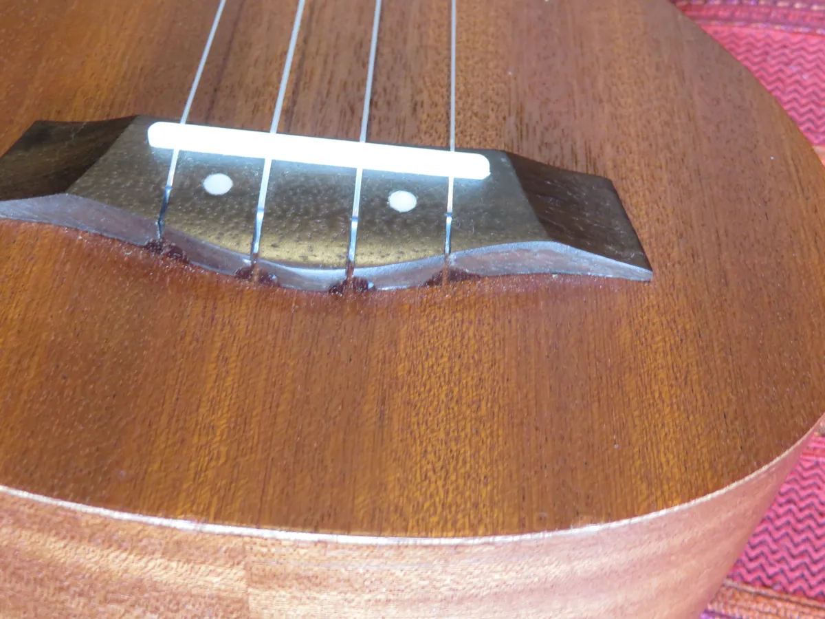 Ukulele bridge and saddle where the strings are anchored