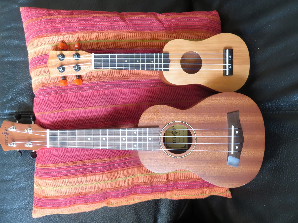 A pocket-sized ukulele next to a standard soprano for size comparison