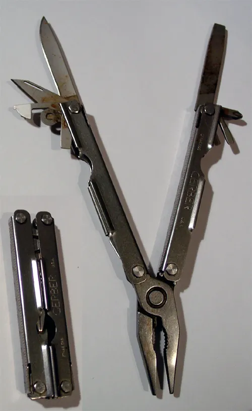 Leatherman multi-tool with all individual tools fanned out and visible