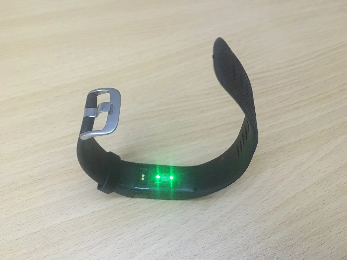 Close-up of the Fitbit's heart rate sensor on the underside of the band