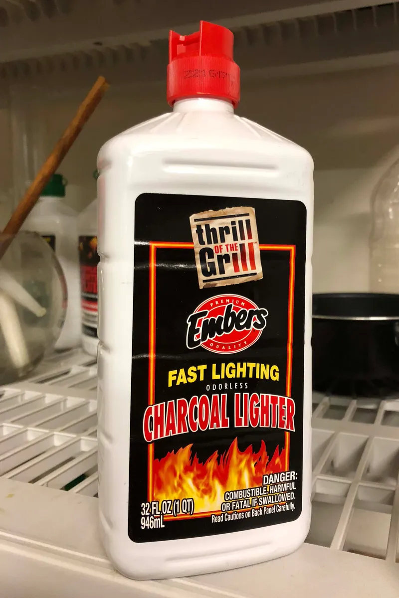 A bottle of charcoal lighter fluid, the starting method we ended up abandoning