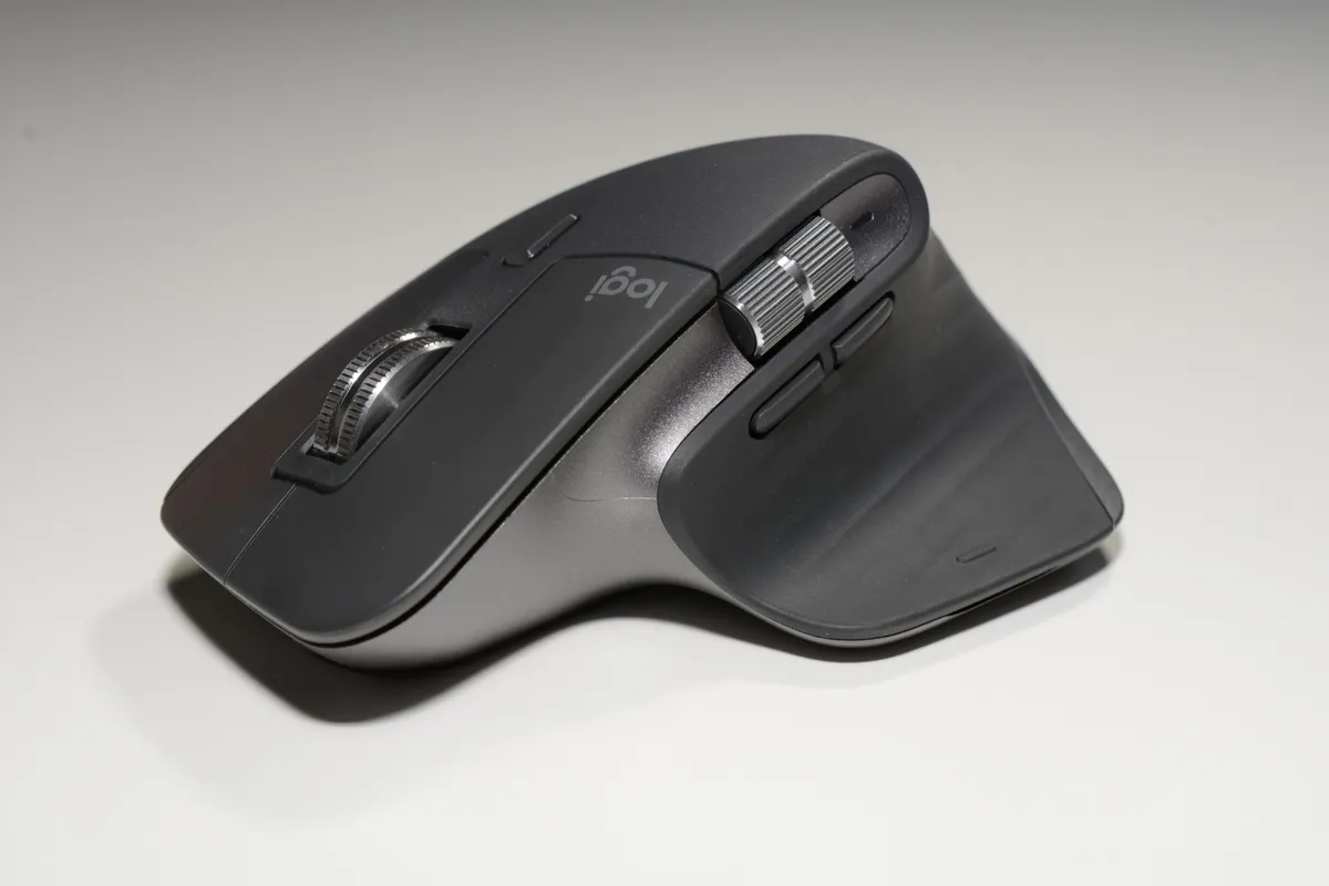 Logitech MX Master 3S mouse angled view showing ergonomic shape