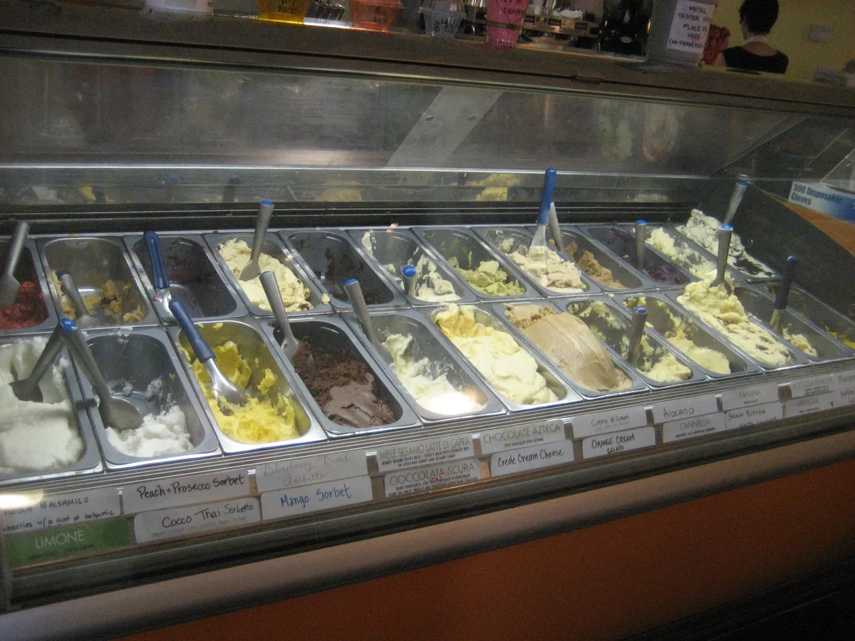 Scoops of colorful gelato and sorbet on display
