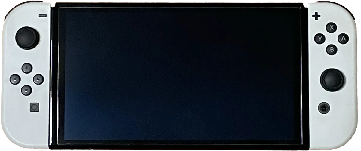 Nintendo Switch OLED console standing upright on its wide kickstand