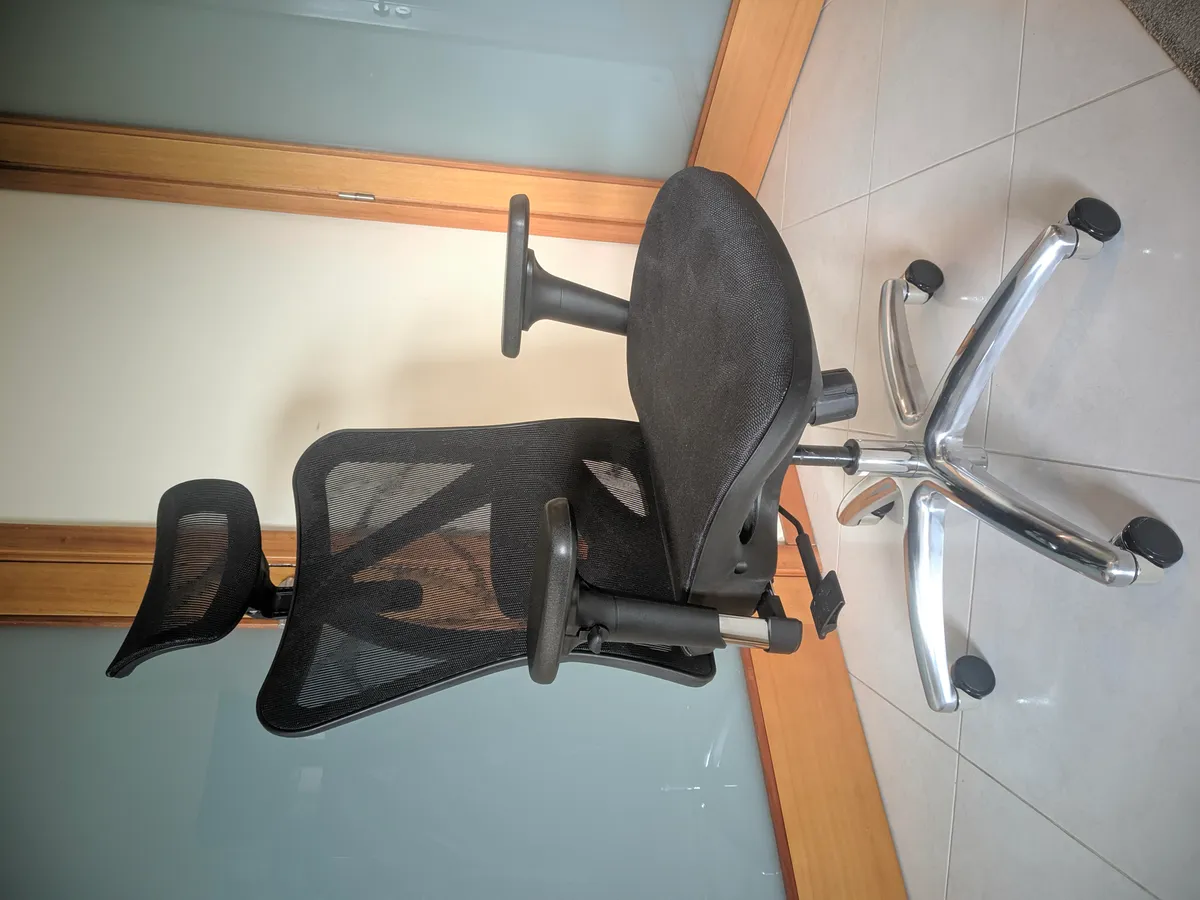 Side profile of a mesh ergonomic office chair showing recline mechanism and adjustable armrest