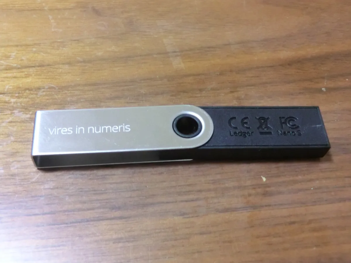 Ledger Nano S hardware wallet shown from another angle, illustrating Ledger's compact hardware wallet design language