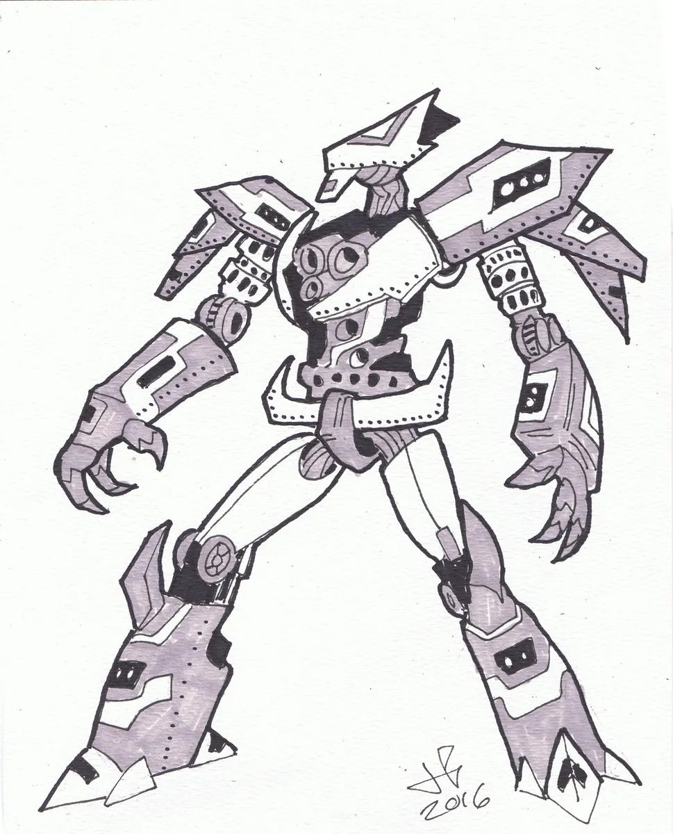 A second original ink and alcohol marker illustration of a robot, demonstrating shading and gradient work achievable with alcohol-based markers