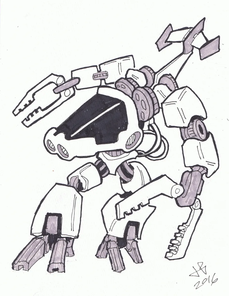 An original ink and alcohol marker illustration of a robot on watercolor paper, showing clean marker fills and shading