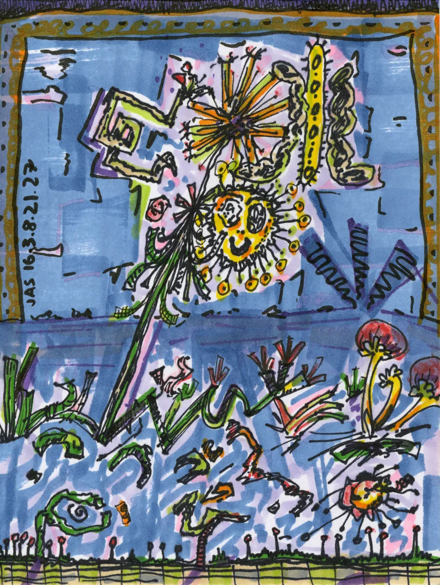 A colorful abstract alcohol marker drawing on paper showing saturated, blended color fields