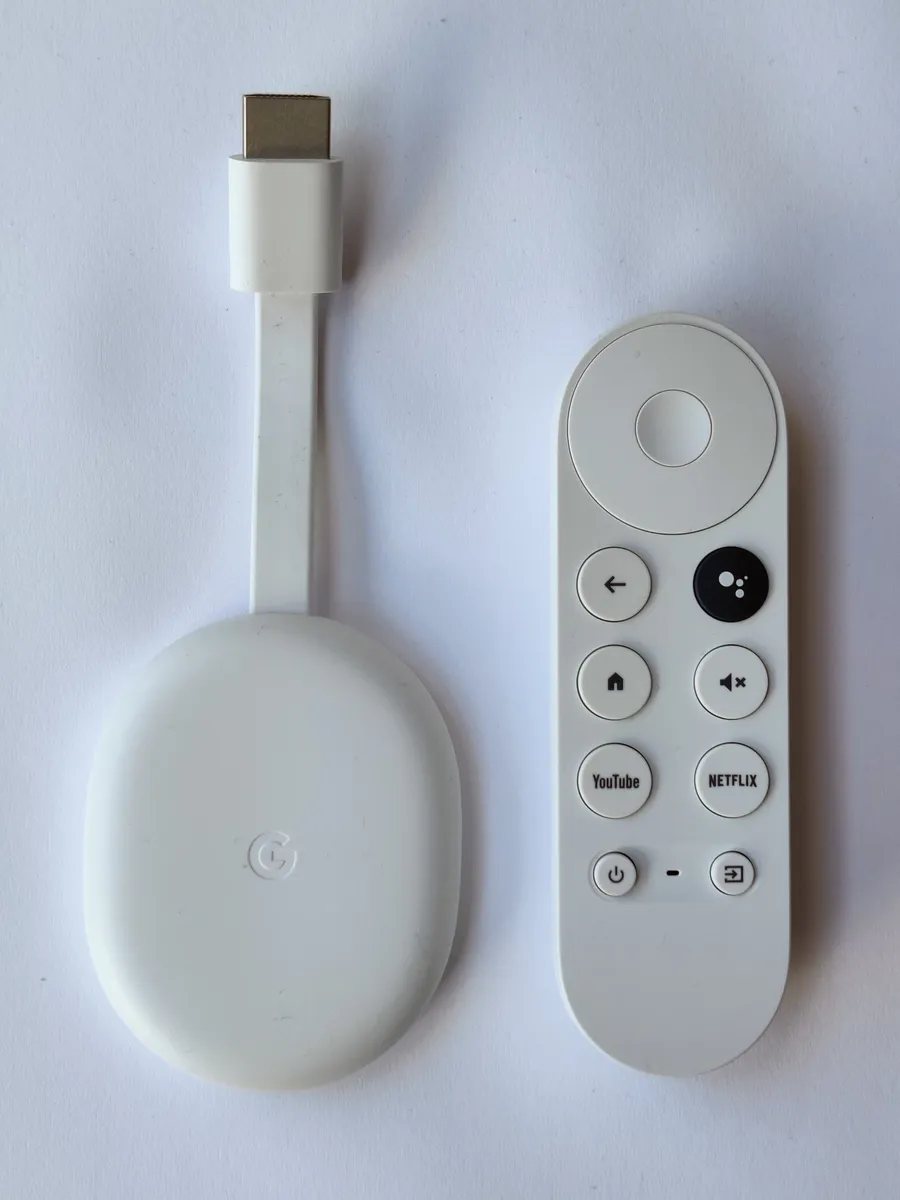 Google Chromecast with Google TV streaming device shown with its remote control