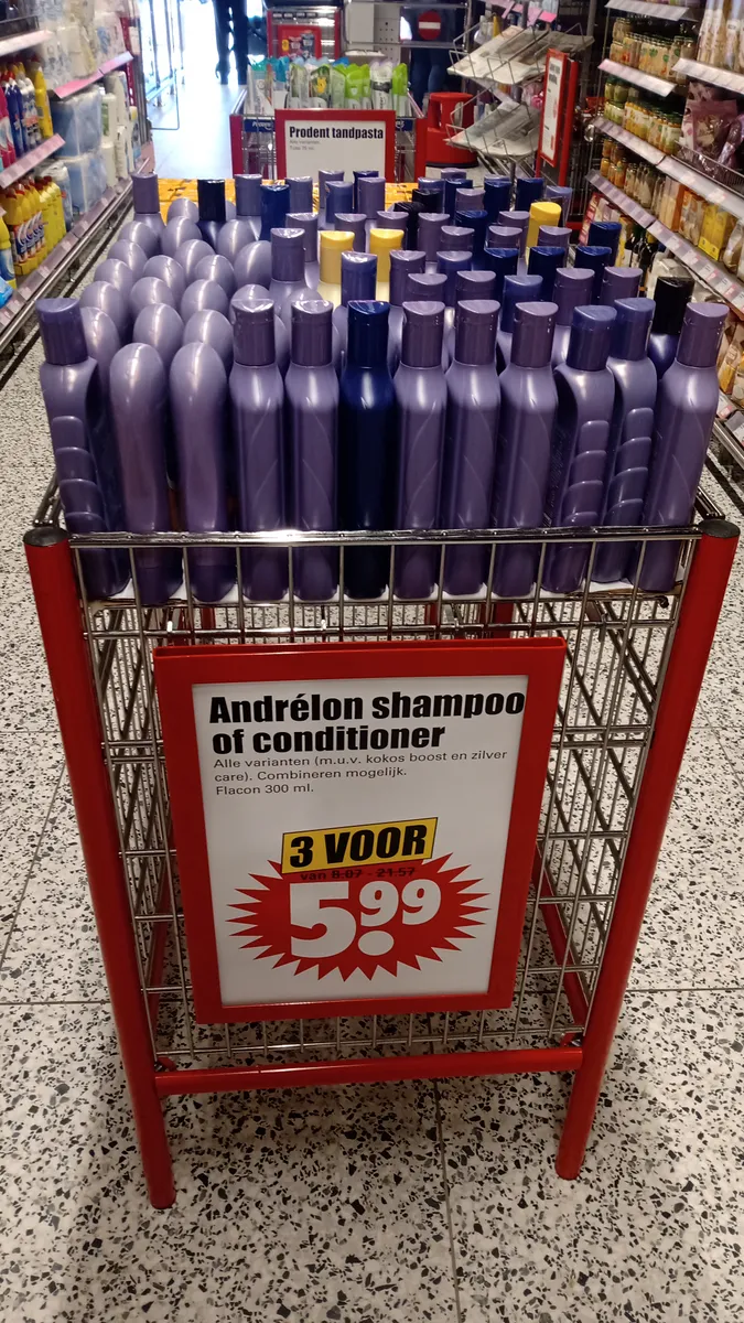 Shelf of shampoo and conditioner bottles at a retail store