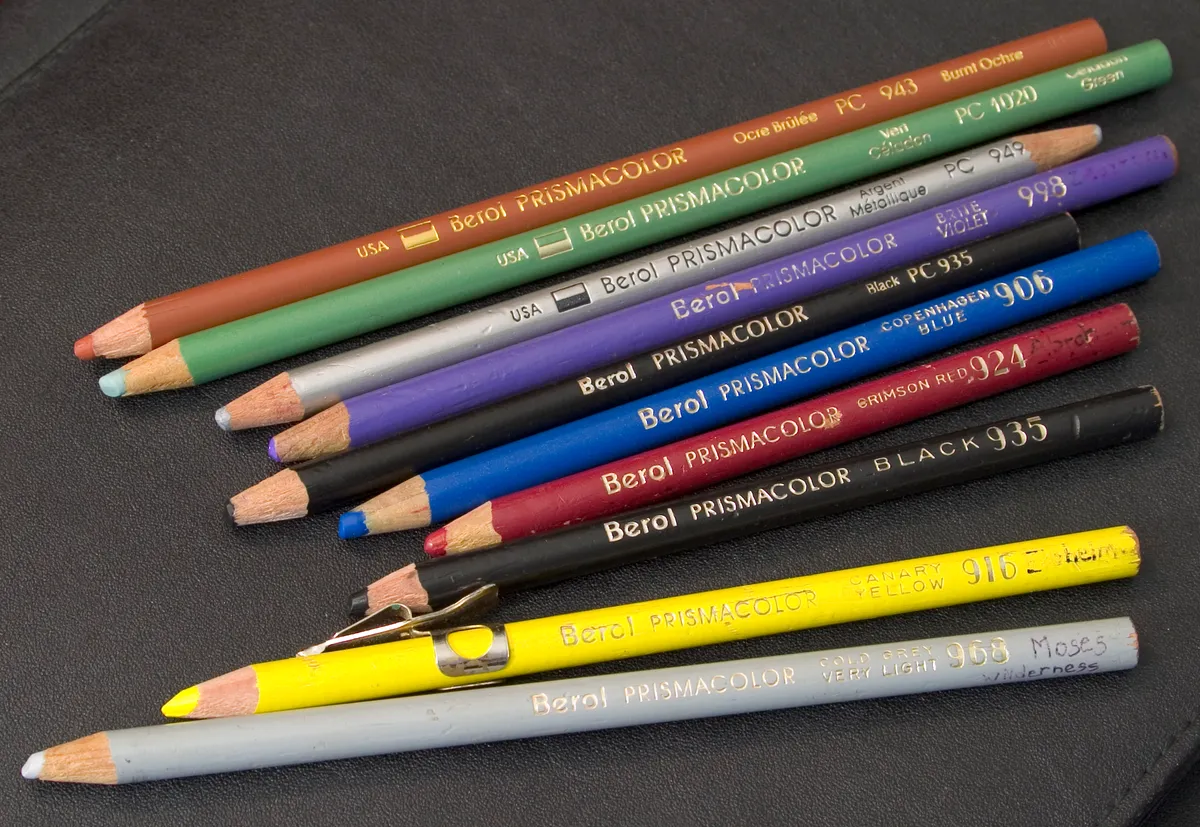 A set of Prismacolor pencils shown with their box, illustrating the range of colors available in the line