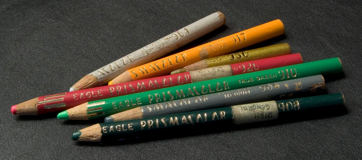 Prismacolor pencils displayed to show the printed color names and numbers on each barrel