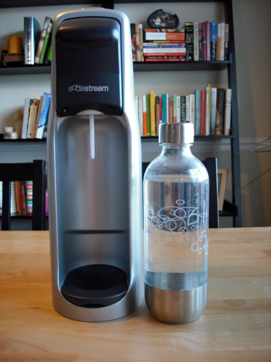 SodaStream machine with its reusable carbonating bottle attached