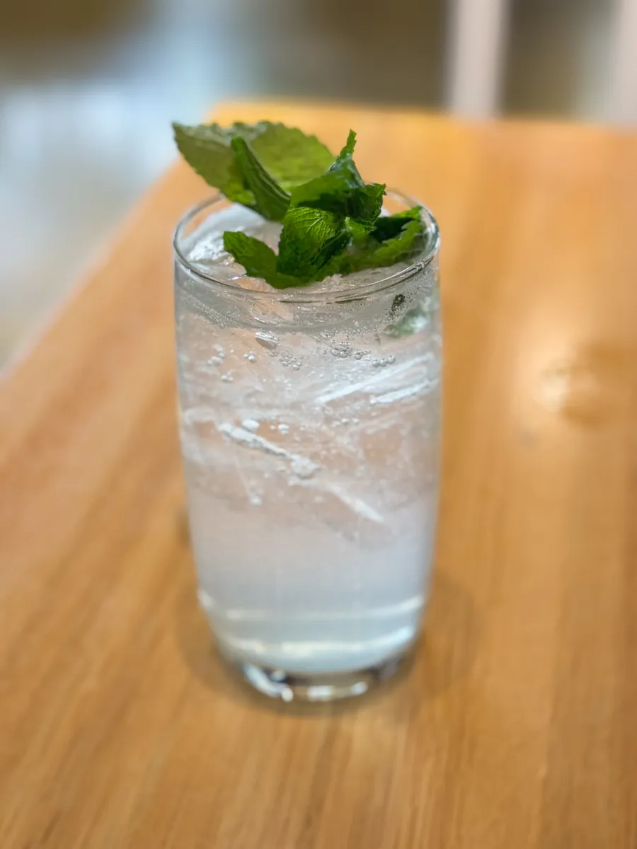 Glass of sparkling water with mint and ice