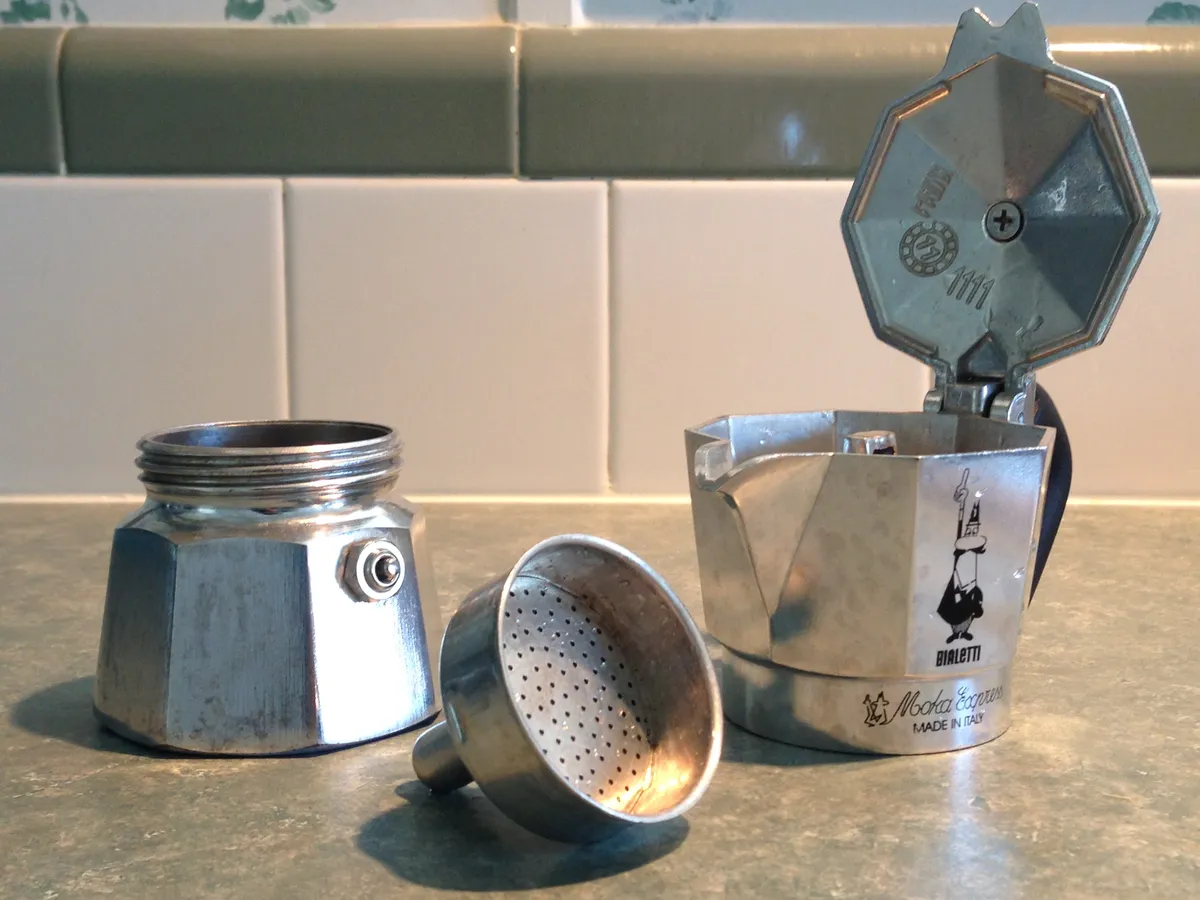Bialetti Moka Express octagonal aluminium body showing the made in Italy marking