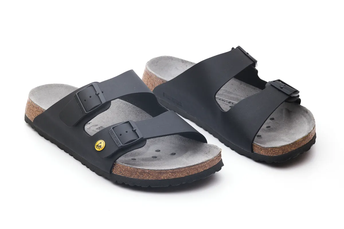 Birkenstock Arizona sandal showing the contoured cork footbed and buckle straps