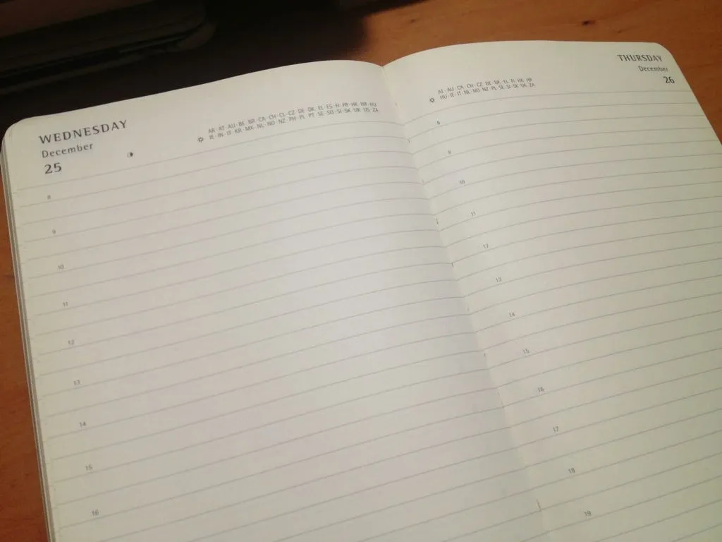 Page layout inside a Moleskine planner notebook