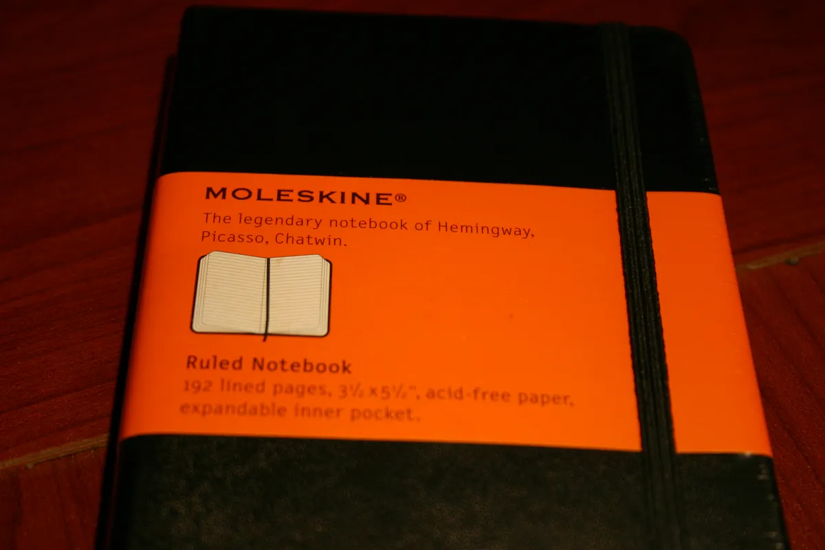 Moleskine ruled notebook open showing handwritten pages