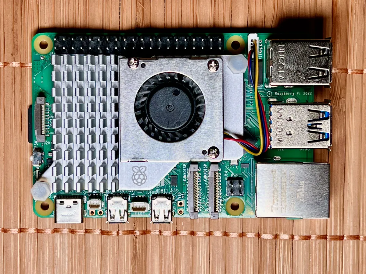 Raspberry Pi 5 fitted with the official active cooler heatsink and fan